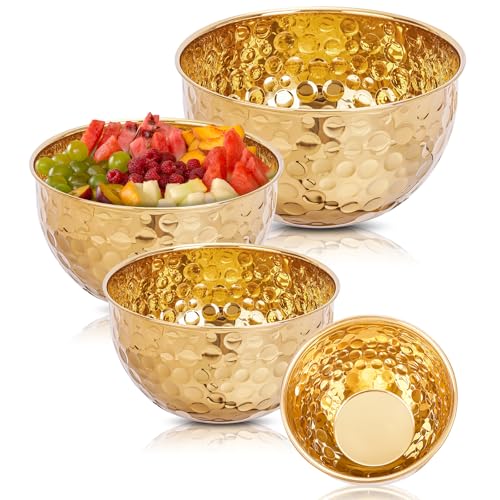 badashun 4-Piece Hammered Gold Mixing Bowls Set, 2QT 3QT 4QT