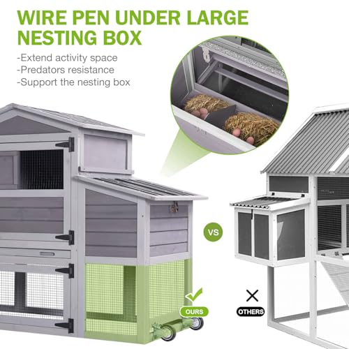 GUTINNEEN Chicken Coop 80in Mobile Chicken House with Run Portable Wooden Poultry Cage with Nesting Box Rabbit Hutch on Wheels,Movable