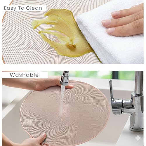 Image of Yellow Weaves 6 Pcs PVC Round Table Placemats, Dining Table Mat, Stain Resistant, Anti-Skid, Waterproof, Washable, Dining, Kitchen, Restaurant Table Set Easy to Clean, Durable (Spiral Rose Gold)