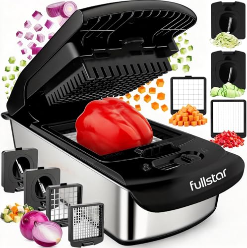 Hachoir professionnel Fullstar Original - Hachoir à légumes et spiraliseur, hachoir avec récipient, trancheuse à fruits, ustensiles et accessoires de cuisine (4 en 1, acier inoxydable)