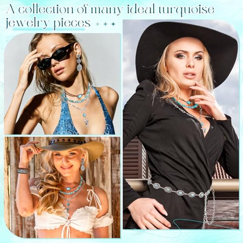 Misdary 6 Pcs Western Turquoise Jewelry for Women Cowgirl Bohemian Turquoise Necklace Concho Earrings Buckle Bracelets with Vintage Chain Belt Adjustable for Country Accessories by Misdary - Used condition - Image 3