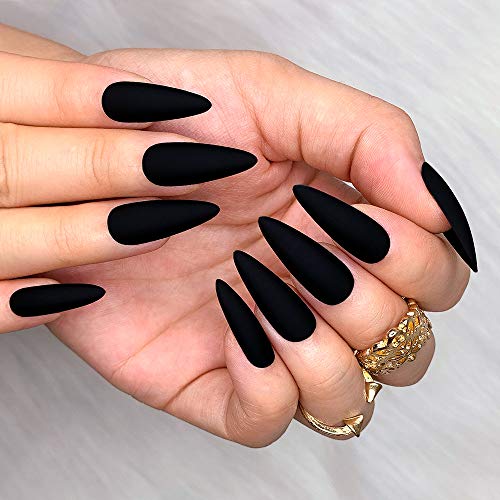 Morily 24Pcs Fake Nails Matte Pure Color Medium Long Stiletto Almond Press On Nail False Tips Artificial Finger Manicure For Women And Girls (Black) #TOP4