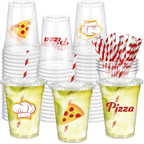 Newtay 60 Pcs 12oz Pizza Party Disposable Cups Bulk Pizza-themed Plastic Cups with Lids Straws Italian Party Favors for Birthday Baby Shower Decorations