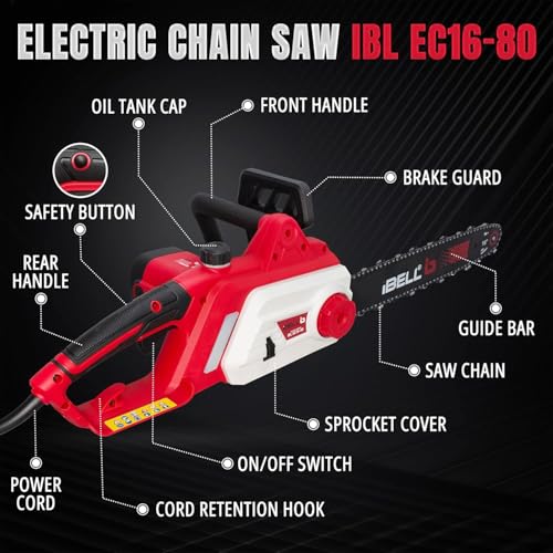Image of Electric Chainsaw IBL EC16-80, 2400W Motor, 16 inch (400mm) Guide Bar, High-Speed 8000 RPM, Corded with Low Vibration, Ergonomic Design, Heavy-Duty Wood Cutting & Pruning Tool -1 Year Warranty