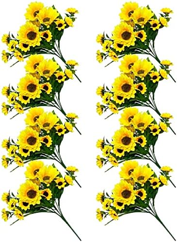 ZEYGLXC 8 Pack Artificial Sunflowers Bouquets with Stems for Wedding Home Kitchen Table Birthday Decor Indoor Outdoor, Faux Sunflowers with 4 Big Sunflowers Heads 9 Small Sunflowers Heads