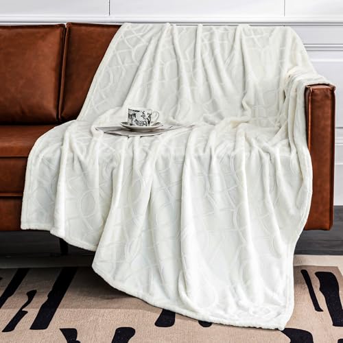 Serenhom Soft Cozy Fleece Twin Blanket, 60x80 Inches – Lightweight Plush Blanket for Couch, Fuzzy 3D Jacquard Design, for Sofa, Bed & Travel - Ivory White