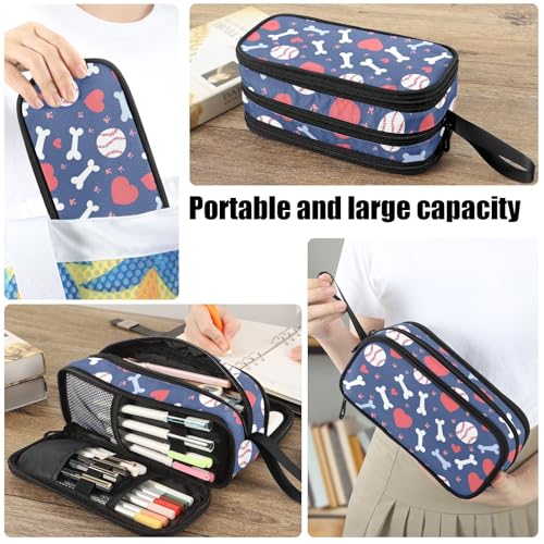 Image of Fustylead Cute Paw Prints Bones Hearts and Baseballs Large Pencil Bag Storage Pen Case Makeup Pouch Stationery Bag for School College Office Organizer