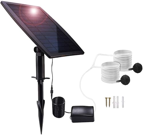 Lancoon Kit de bomba de aire con energía solar, panel solar de 2.5 W, bomba de aire, mangueras de aire y piedras de ventilación para jardín, pecera,