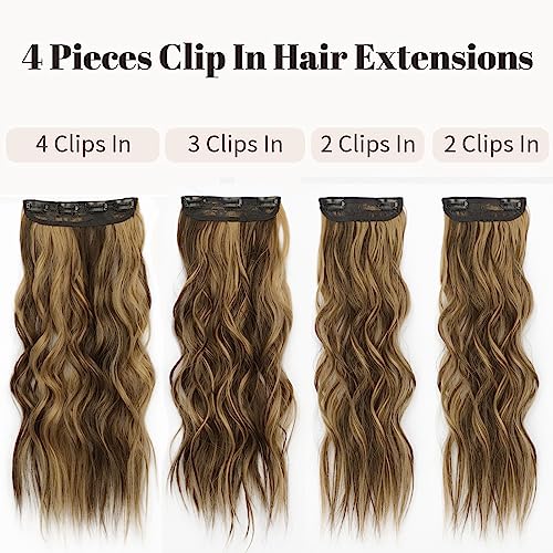 Kookastyle Clip In Synthetic Highlight Hair Extensions Long Wavy 4Pcs Thick Hairpieces Balayage Chocolate Brown To Caramel Blonde Fiber Double Weft Natural Hair Extensions 20 Inch For Women #TOP2