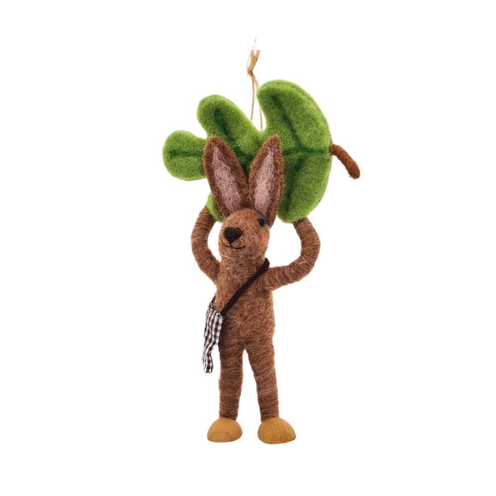 Handcrafted Felt "Rabbit with Oak Leaf" - 12cm Autumn/Fall Woodland Decoration | Free-Standing or Hanging Ornament | Cozy Rustic Home Decor