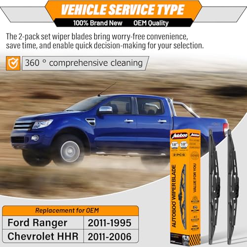 Image of AUTOBOO Windshield Wiper Blade Replacement for Ford Ranger Chevy HHR | Fits Ford Ranger 1995-2011 & Chevy HHR 2006-2011, 18 inch+18 inch, 2-pack, J /U hook, smooth, quiet, streak-free wipe