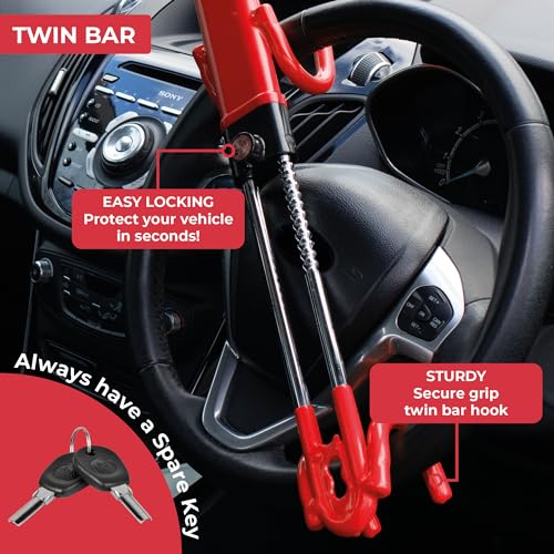 GADLANE Lenkradkralle für Auto - Twin Bar Hohe Sichtbarkeit Abschreckung Lenkradschloss für Auto, Van, Wohnwagen - mit 2 Schlüssel - Diebstahlschutz (Rot)
