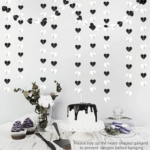 Image of Black White-Silver Party-Decoration Heart Garland - 39ft 21st Men Birthday Hanging Backdrop Streamers,Graduation Engagement Wedding Banner Bridal Baby Showers Bachelorette NYE Party Decor