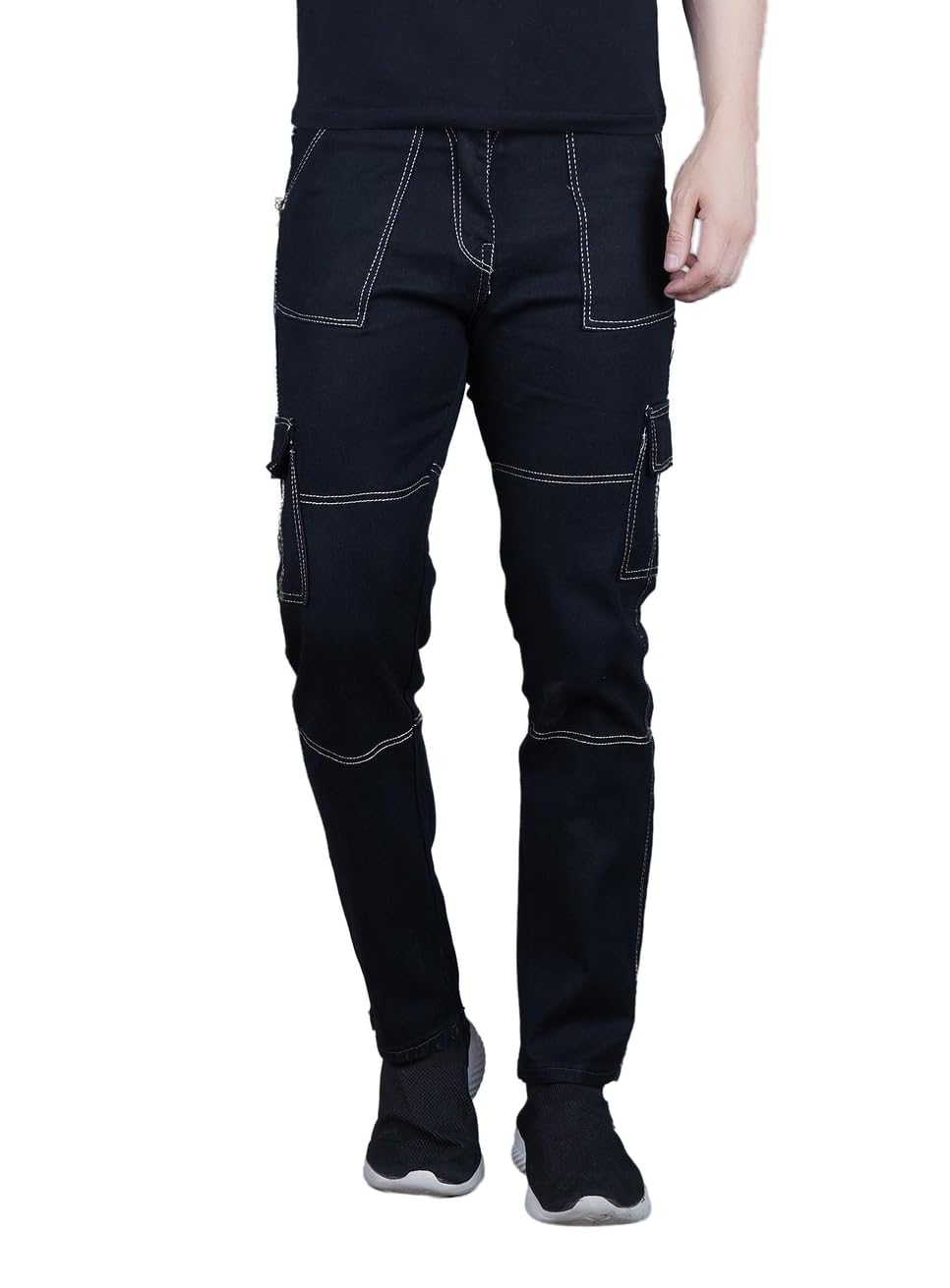 Men's Regular Fit Cargo Jeans, Black with White Stitching, Multiple Pockets-image-27