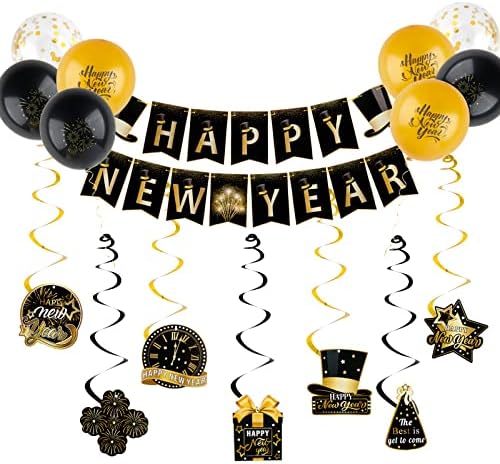 COLOFALLA 2023 New Year's Eve Decorations Balloons with Happy New Year Banner Hanging Swirls Ceiling Decorations Black Gold for 2023 New Years Eve Party Supplies