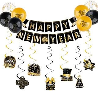 COLOFALLA 2023 New Year's Eve Decorations Balloons with Happy New Year Banner Hanging Swirls Ceiling Decorations Black Gold for 2023 New Years Eve Party Supplies