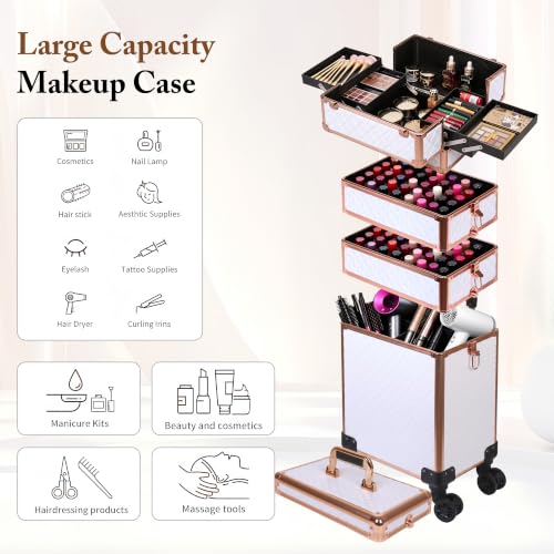 Image of 5 in 1 Rolling Makeup Train Case Professional Cosmetic Trolley Large Storage Organizer on Wheels for Hairstylist Artist Nail Beauty Salon Barber White - Gold Frame