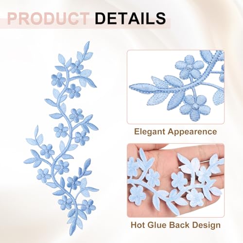 uxcell 4Pcs Long Patch Flower Vine with Leaf, 10" x 4" Iron on Plum Patches Polyester Embroidered Applique for Curtain Pillow Clothes Sewing and Decoration, Blue by uxcell - Image 3