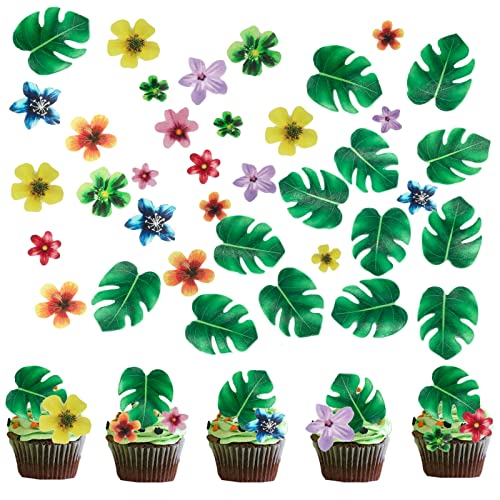 64Pcs Tropical Palm Leaves And Hawaii Flowers Cupcake Toppers Hawaii Theme Cake Decoration For Jungle Summer Party Birthday Wedding Cake Decor #TOP1