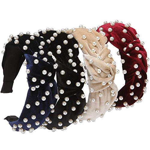 LONEEDY 4 Pack Velvet Wide Headbands With Faux Pearl, Twisted Knot Turban Hairbands Fashion Hair Accessories for Women and Girls (Black+Blue+Wine red+Beige)
