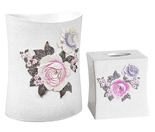 Zahari Home 2pc Michelle Bathroom Set Waste Basket & Tissue Cover Modern Classic Decor Stylish Unique Design Beautiful Floral Bathroom Accessories Set