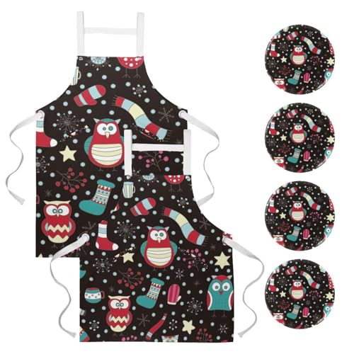 Tablier de cuisine et de nettoyage à motif hibou d'hiver avec 4 broches