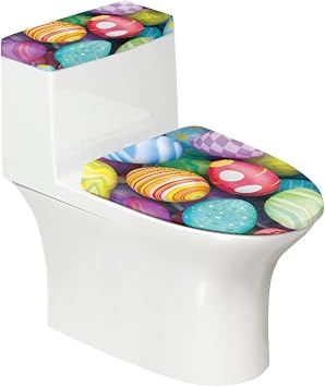 Colored Easter Eggs 2PCS Toilet Seat Covers with Toilet Tank Lid Covers, Toilet Tank Covers Replacement Elongated Toilet Seat Covers Set for Easter Decor