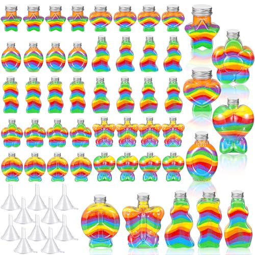 Bokon 50 Pcs Plastic Sand Art Bottles Bulk Sand Containers for Sand Art Containers with Plastic Funnels for DIY Crafts Wedding Birthday Party Decoration 10 Style (Aluminum Cap)