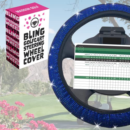 Universal Colorful Bling Crystal Diamond Rhinestones Golf Cart Steering Wheel Cover fits Club Car, Yahama, EZGO, Anti Slip Cover Easy to Install, Great Gifts for Golfer Women Womens (Blue Diamond)