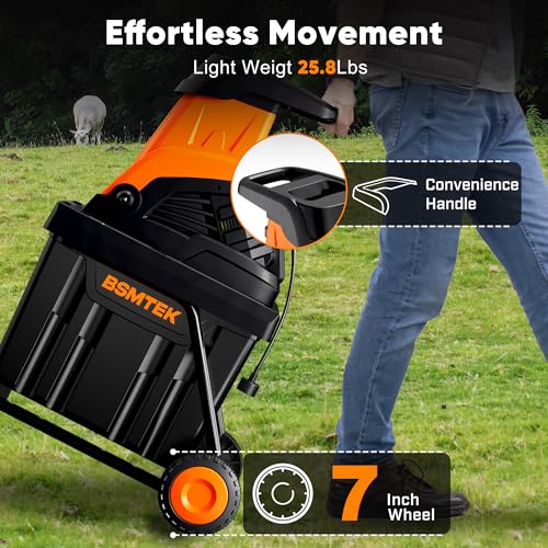 15-Amp Wood Chipper Shredder, High Efficiency Electric Mulcher Shredding Machine with 25:1 Reduction Ratio, 1.8In Cutting Diameter, 50L Collecting Bin, Large Portable Wheels for Yard Cleanup, Orange - Thumbnail 2