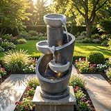 Merax Gartenbrunnen, mit LED und Wasserpumpe, Zimmerbrunnen Wasserspiel mit Kunststein Optik und...