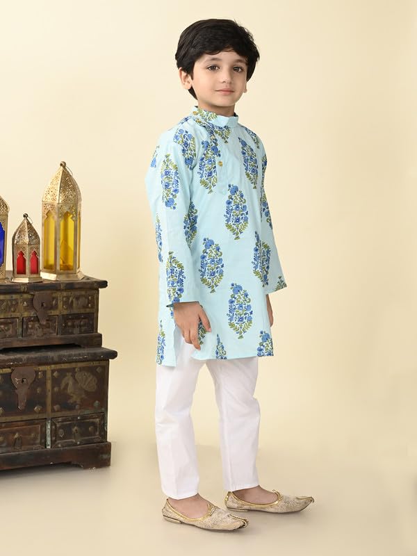 Image of superminis Boys Cotton Full Sleeves Side Open Sanganeri Printed Kurta With Pyjama Set