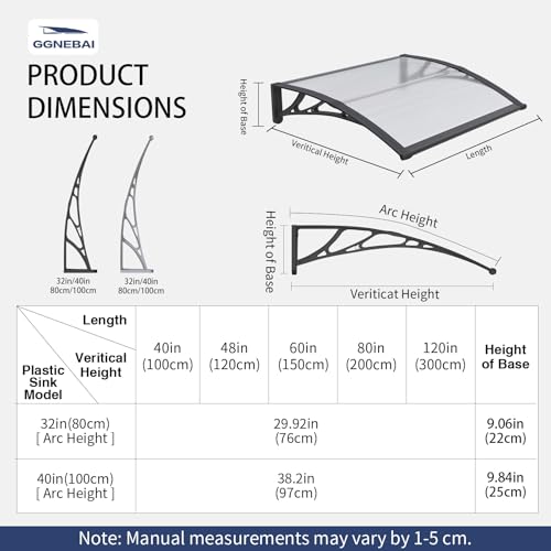 GGNEBAI Door Awning 32"x120" Window Awning for Doors Canopy Exterior, Polycarbonate Cover for House Porch Patio Deck, UV Rain Snow Sunlight Protection, Hollow Sheet by GGNEBAI - Image 7