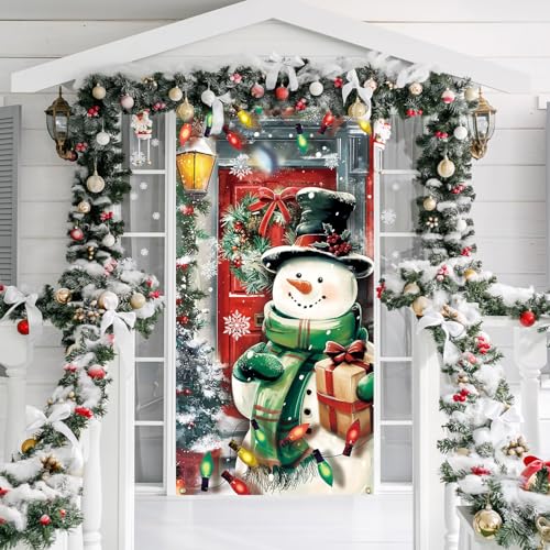 SULOLI 180 * 90cm Couverture de Porte de Noël Bannière Porte Noël pour Noel Décoration Suspendue Extérieure Intérieur (Bonhomme de Neige)