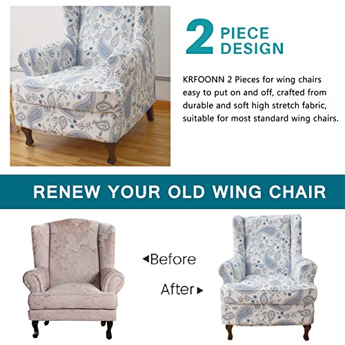 Krfoonn Wingback Chair Slipcover 2 Piece Stretch Printed Wing Chair Covers Spandex Wingback Armchair Slipcover Washable Wingback Sofa Covers For Living Room And Bedroom, 05 #TOP3