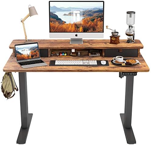 FEZIBO Height Adjustable Electric Standing Desk with Double Drawer, 120 * 60cm Stand Up Table with Storage Shelf, Sit Stand Desk with Splice Board, White Frame/White Top
