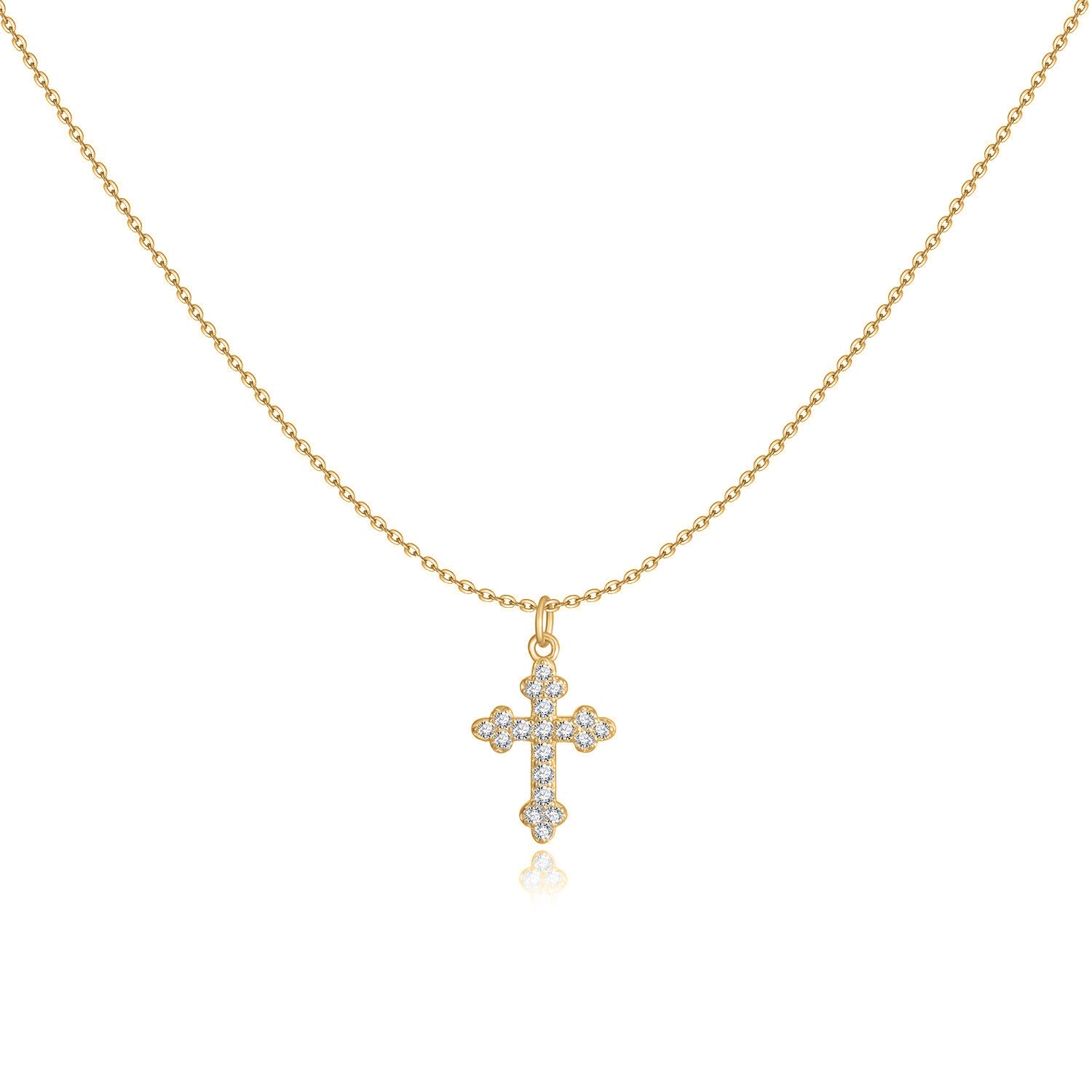 MARLION JEWELS Collar de Plata de Primera Ley (S925) Elegante Cruz adornada con Brillantes Blancos. Colgante acabado en Plata o Baño Oro 18K. Perfecto Regalo Cumpleaños y Día de la Madre. Joyas para mujer.