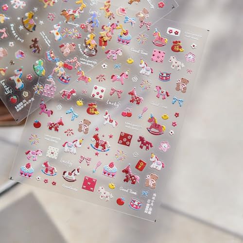 Image of Colorful Nail Stickers Pony Horse Nail Art Stickers 5D Embossed Self Adhesive Nails Art Designs Supplies for Women Manicure Decoration Accessories 1 Sheets