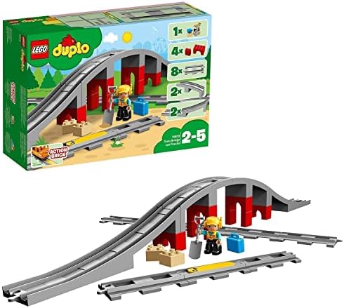 LEGO 10872 DUPLO Town Train Bridge and Tracks Toy for Kids, Building Bricks Set with Horn Sound Action Brick, Trains Rails Extension Set