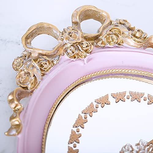 Decorative Mirrored Oval Jewellery Tray ~ Elegant Designed Display and Serving Tray with Gold and Pink Rim.