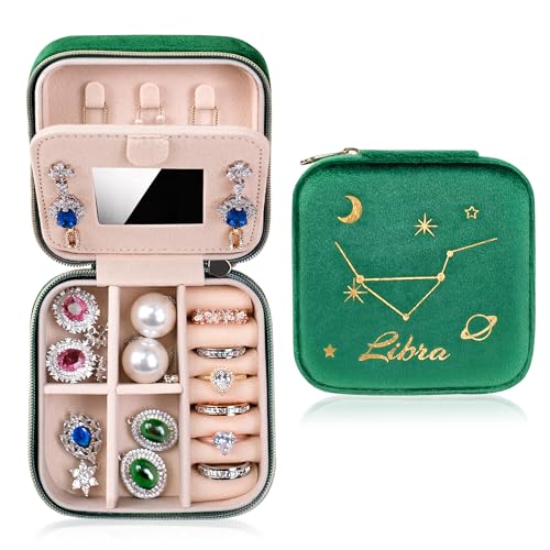 JOINTOP Fashion Green Velvet Travel Jewelry Boxes Organizer, Mini Jewelry Case for Ring Earring Necklace Displays Holder Organizer for Travel Essential Accessories for Women Girls(Libra)