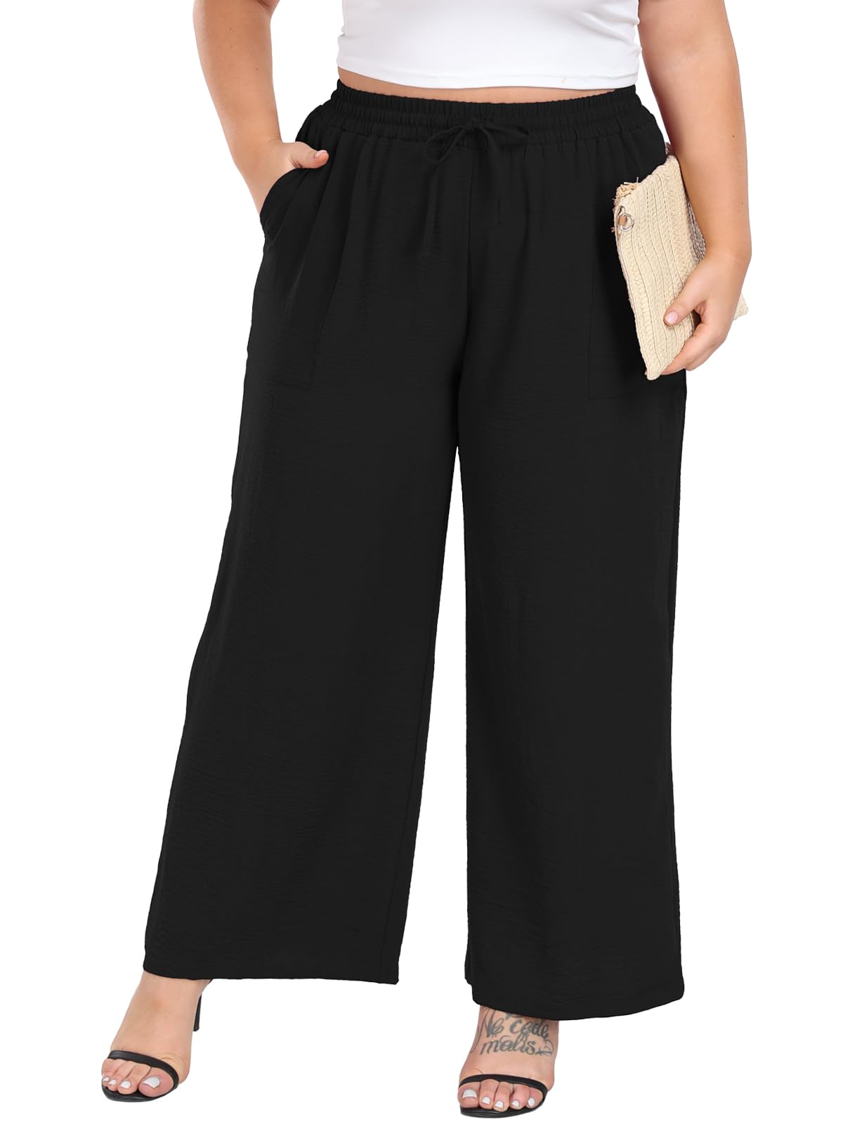 LastsheWomen's Plus Size Wide Leg Pants Summer Stretchy Drawstring Waist Comfortable Fit Casual Trousers Pants with Pockets
