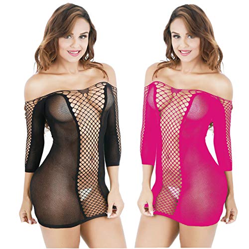 LOVELYBOBO 2-Pack Conjuntos De Lencería Sexy para Mujeres Bodystocking Encaje Traje De Red Babydoll Lenceria Sexy Ropa De Dormir De Encaje (Negro+Rosa) Cover