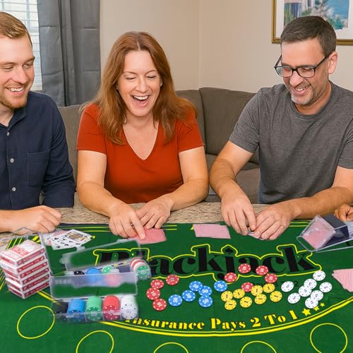 Entertainment Casino Game Set,Blackjack,Texas Hold\'em,Poker Card Kit with Card Dealing Shoe,Discard Tray,200 Chips,6 Deck Card,Double-sided felt(Green),10 Cut Cards,Poker Set,Blackjack Table Set