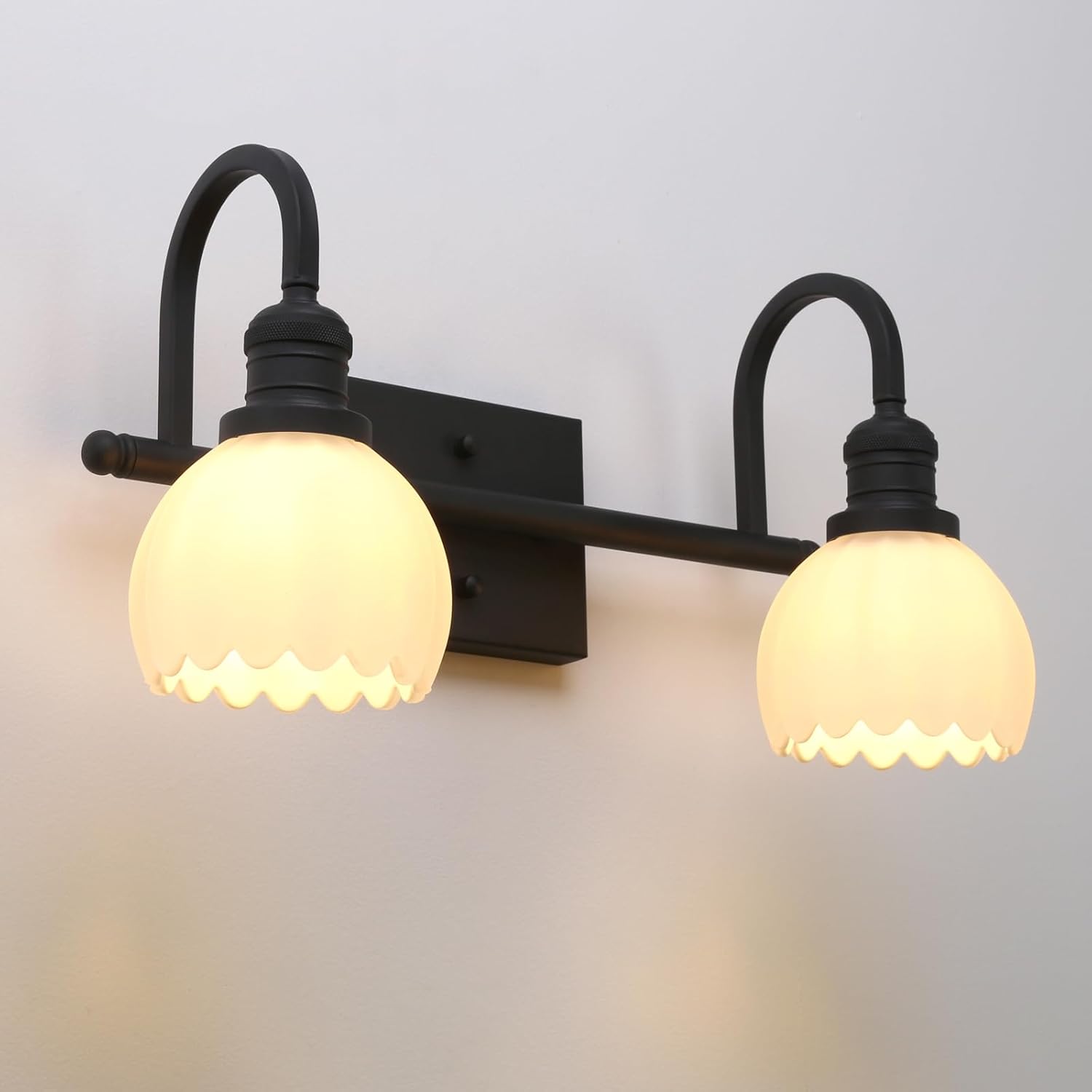 Yosoan Boho Vintage Wall Sconce with Flower Shade, 2-Light Indoor Hardwired Modern Vanity Industrial Single Wall Mounted Milk Transparent Tulip for Bathroom Living Room Kitchen Bedroom(Black)