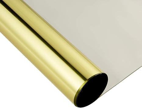 Reflective Window Privacy Film Anti UV Heat Control One Way Mirror Adhesive Window Tint Sun Blocking Window Sticker Vinyl, Gold Silver, 35.4inches x 10feet