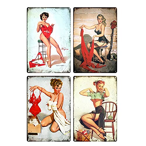 MULINSEN 4 PCS Vintage Tin Sign Painting Pinup Wall Art Decor Sexy Poster for Bathroom Bar Club Cafe, Restaurants Home Decoration Retro Tin Painting (12 X 8 Inches)