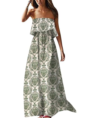 Image of ZMPSIISA Women's Summer Off The Shoulder Maxi Dress Ruffle Strapless Blue White Porcelain Boho Casual Loose Long Dresses