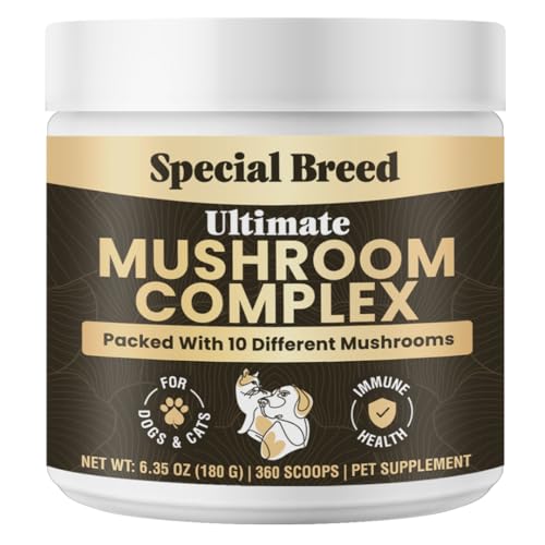 Mushroom Powder for Dogs & Cats - Organic Mushroom Complex for Immunity Support, Immune Function, Cognition, Vitality - Ten Mushroom Supplement with Turkey Tail, Lion's Mane, Reishi - 360 Scoops