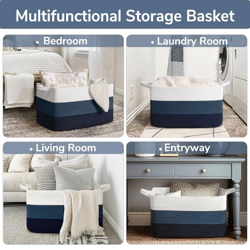 Goodpick Storaget Basket, 21.6" x 14.9" x 11.8", Toy Storage Baskets for Bedroom, Large Baskets for Organizing, Rectangle Woven Rope Basket for Blanket Storage, Blue